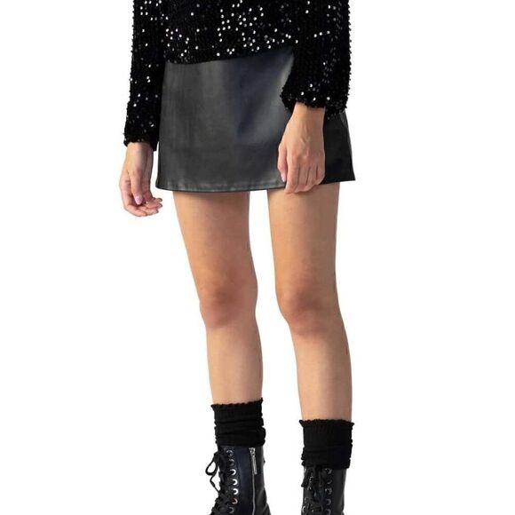 SANCTUARY Mid-Rise Faux-Leather Mini Skirt Women's 14 Black Zip Closure At Back - Picture 1 of 9